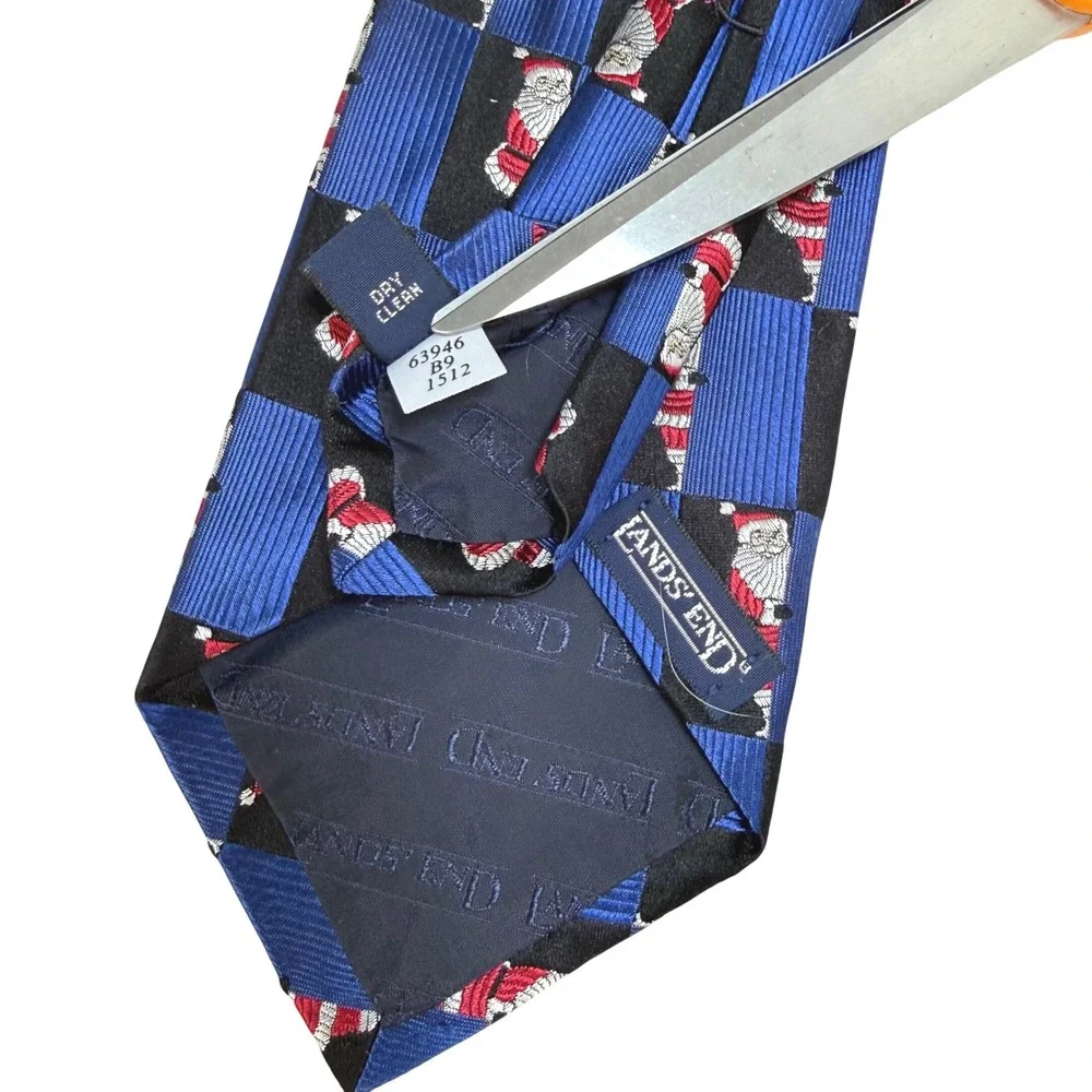 Lands End Mens Silk Necktie Blue Black Santa Claus Checkered Christmas Holiday